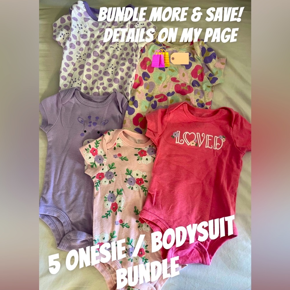 (5) 3-6m Assorted Onesie Set - Pink, Purple, and Floral Designs